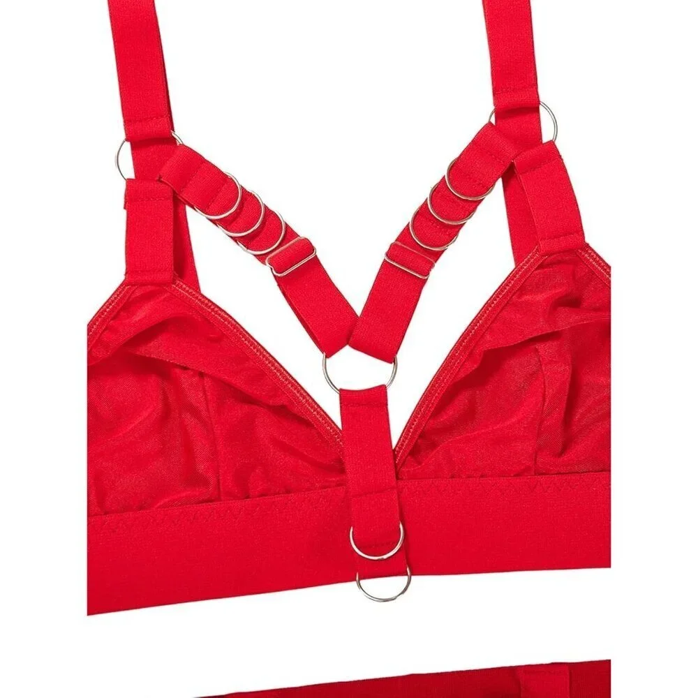 Women's Red Sexy Chain Strappy Garter Belt Lingerie Set Rave Outfits - Picture 3 of 5